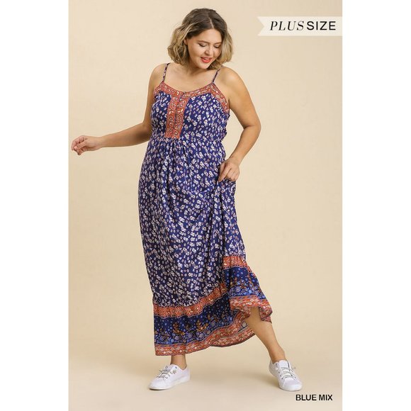 Umgee Plus Blue Mix Print Half Button Sleeveless Ruffle Hem Maxi Dress - Picture 2 of 4